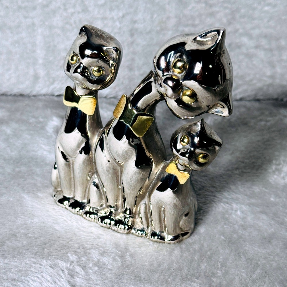 Vintage Chrome Silver MCM Cat Family Figurine 3 Cats Gold Bow Ties Retro‎